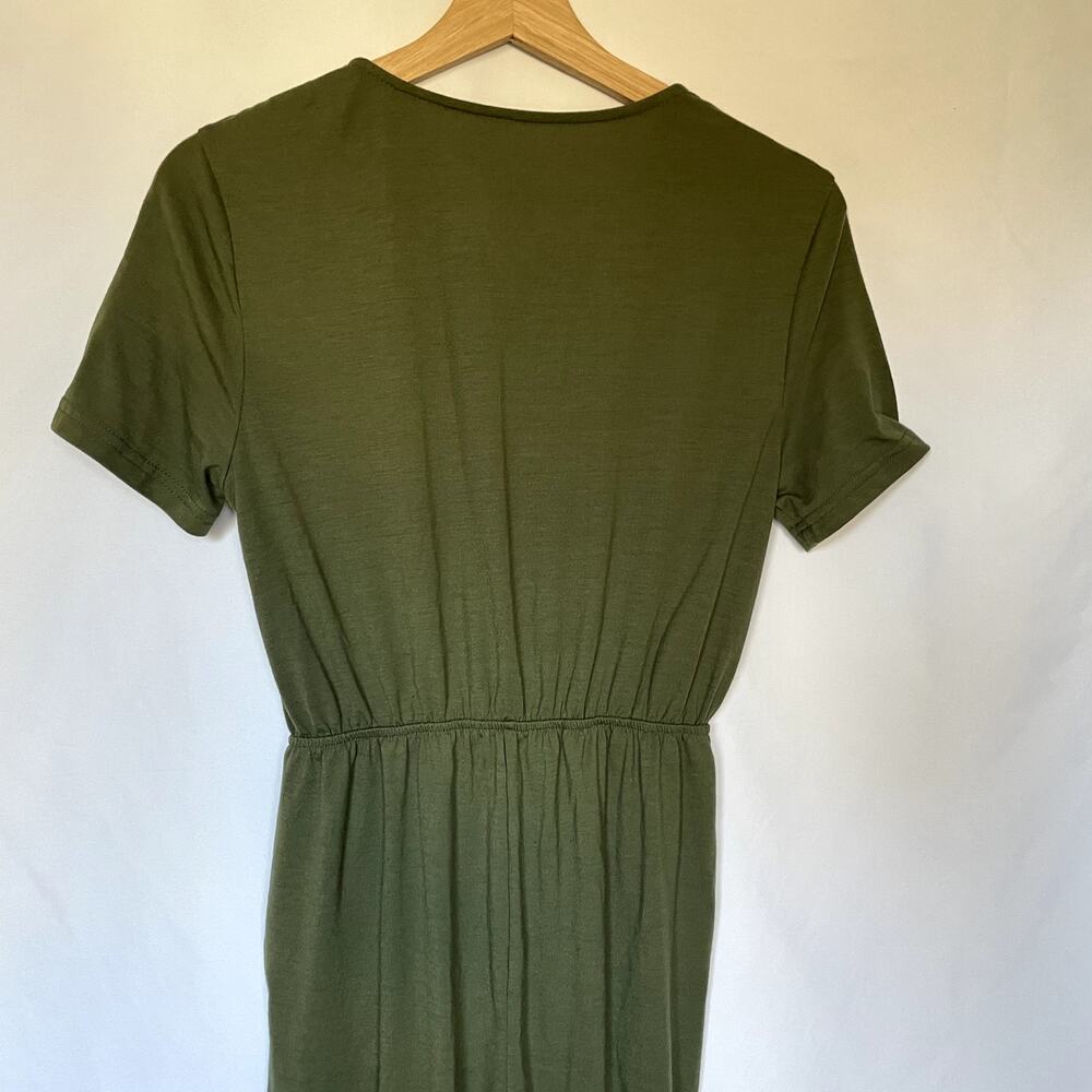 olive green button front drawstring waist jumpsuit pockets women's size small - Picture 7 of 8